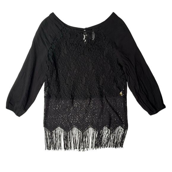 Free People Windows of Lace Black Fringe Sheer Top - Picture 2 of 7